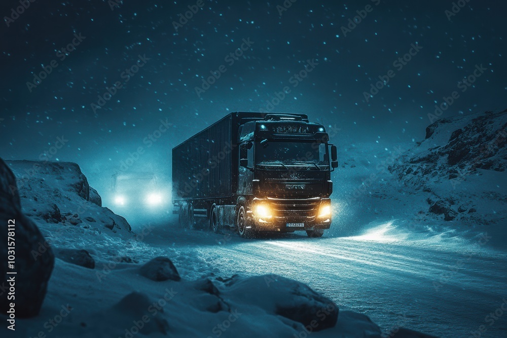 A high-tech autonomous cargo truck driving through a snowy A high-tech autonomous cargo truck driving through a snowy