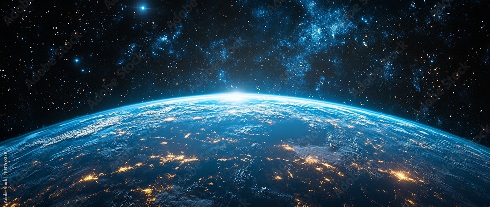 Obraz premium A stunning view of Earth from space, highlighting its beauty and the glow of city lights.