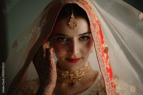 Portrait of a happy, beautiful young woman in a white, red, and gold lehenga with a veil on her head, putting up the hood