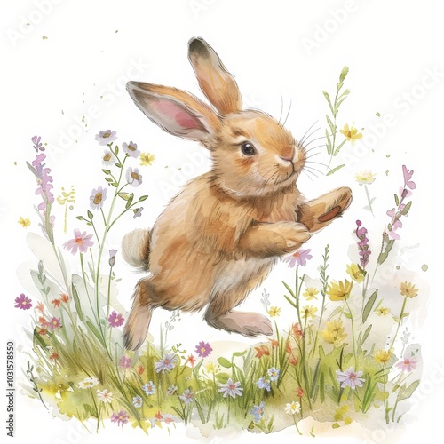 Cute Bunny in Spring Meadow Watercolor Painting Isolated On White Background