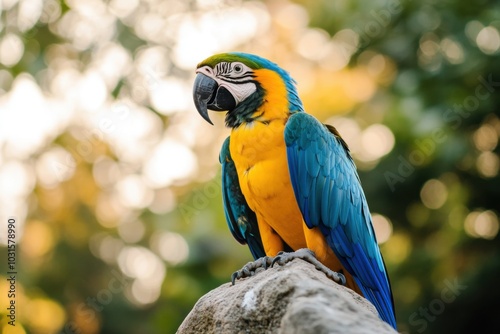A blue macaw perched gracefully on a rock against a blurred green background in the afternoon sunlight