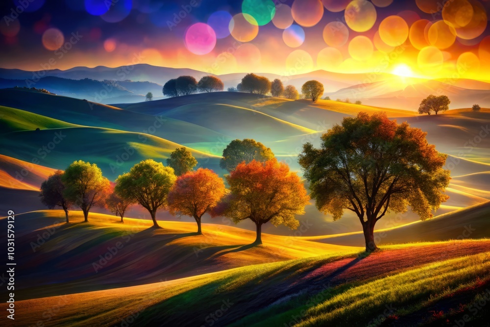 Obraz premium Colorful Stylized Landscape with Abstract Trees, Rolling Hills, Silhouette Art, Vibrant Nature, Dreamy Scenery, Artistic Background, Scenic Views, Modern Art, Nature Abstract, Landscape Painting