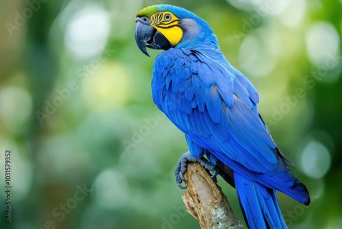 A blue macaw perched gracefully on a branch surrounded by vibrant greenery in a serene setting