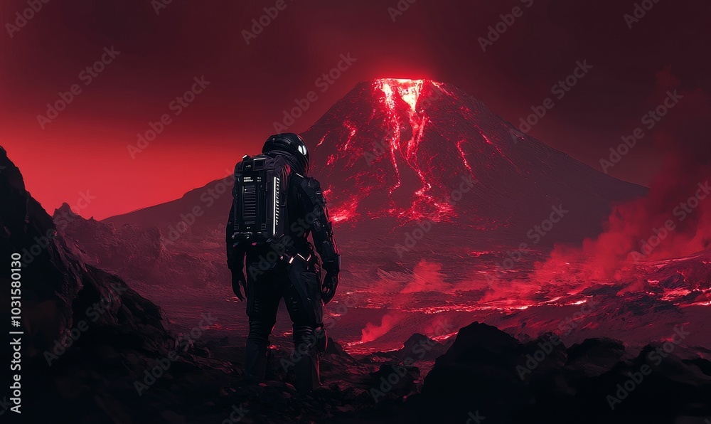 A lone astronaut observes a fiery volcanic eruption. A lone astronaut observes a fiery volcanic eruption.