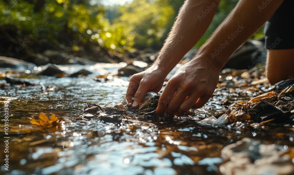 Hands reach into a shallow stream. Hands reach into a shallow stream.