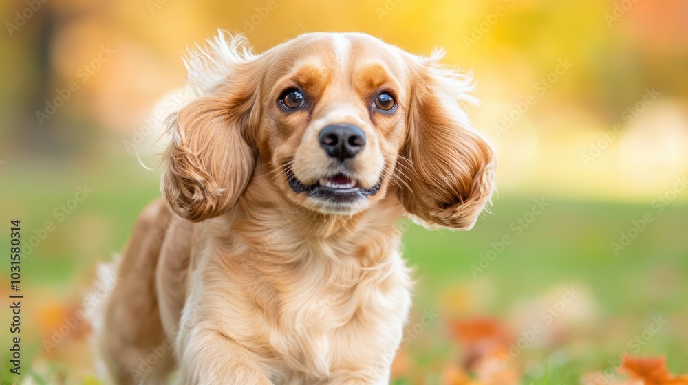 A golden cocker spaniel joyfully running through a colorful autumn landscape, capturing the essence of playful moments in nature. A golden cocker spaniel joyfully running through a colorful autumn landscape, capturing the essence of playful moments in nature.