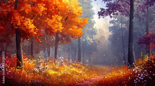 Autumn Forest Pathway with Colorful Foliage