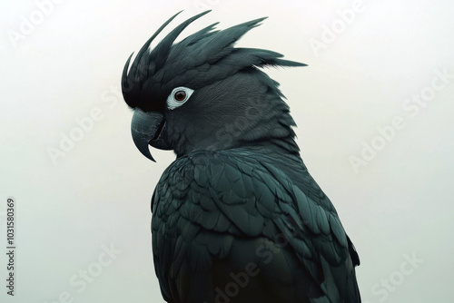 Close-up of a Black palm cockatoo gracefully poised against a neutral background, showcasing its striking features photo