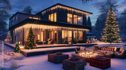 A modern home with a snow-covered lawn is decorated with white string lights and a large Christmas tree illuminated with warm white lights.