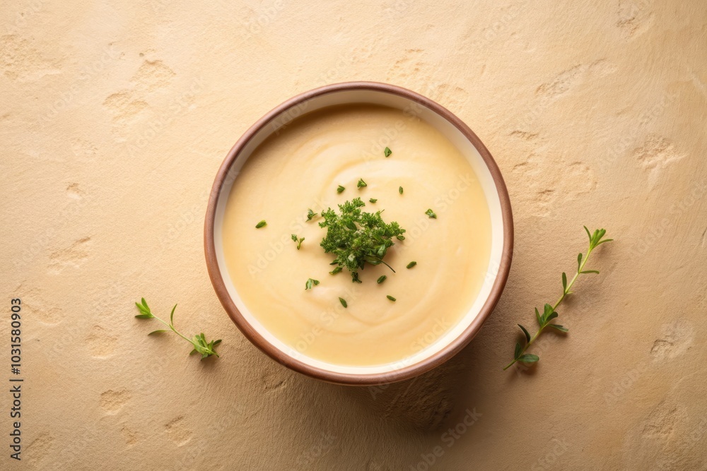 Creamy Cheese Soup in Bowl with Thyme on Beige Background, Perfect for Vegetarian Recipes and Culinary Inspiration, Top View with Copy Space for Food Blogs and Menus Creamy Cheese Soup in Bowl with Thyme on Beige Background, Perfect for Vegetarian Recipes and Culinary Inspiration, Top View with Copy Space for Food Blogs and Menus
