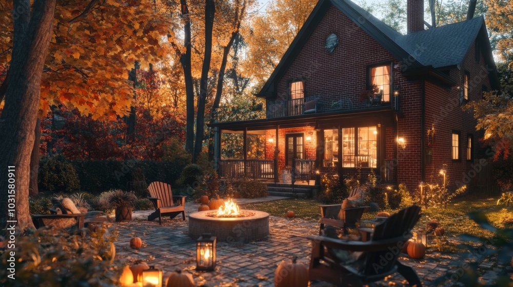 A warm autumn evening unfolds around a crackling fire pit, surrounded by pumpkins and cozy seating. The inviting brick house is framed by colorful fall foliage, creating a serene atmosphere.