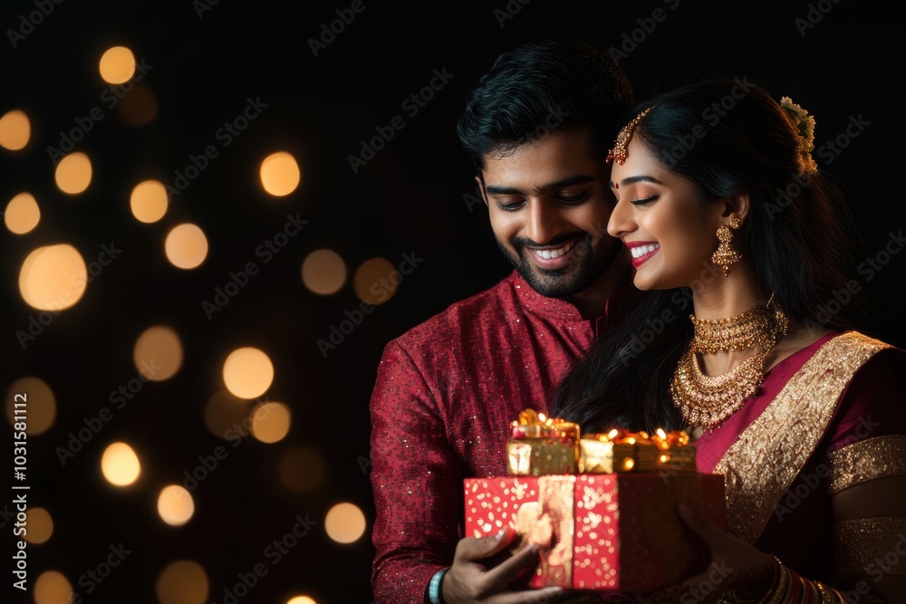 Indian Couple Celebrating Diwali with Presents in Traditional Attire Photo. Fictional Character Created By Generative AI. Indian Couple Celebrating Diwali with Presents in Traditional Attire Photo. Fictional Character Created By Generative AI.