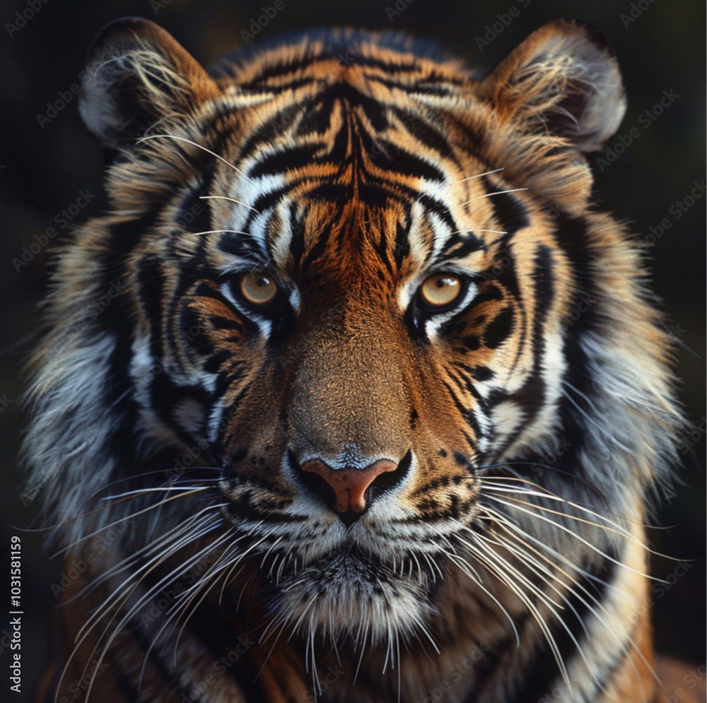 A close-up portrait tiger resting in a lush, forested environment. The tiger has striking orange and black striped fur, piercing yellow eyes, and a powerful, muscular build. The background is blurred A close-up portrait tiger resting in a lush, forested environment. The tiger has striking orange and black striped fur, piercing yellow eyes, and a powerful, muscular build. The background is blurred