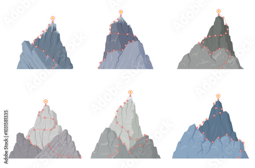 Route to mountain peak alpinism scheme for climbing expedition set isometric vector illustration