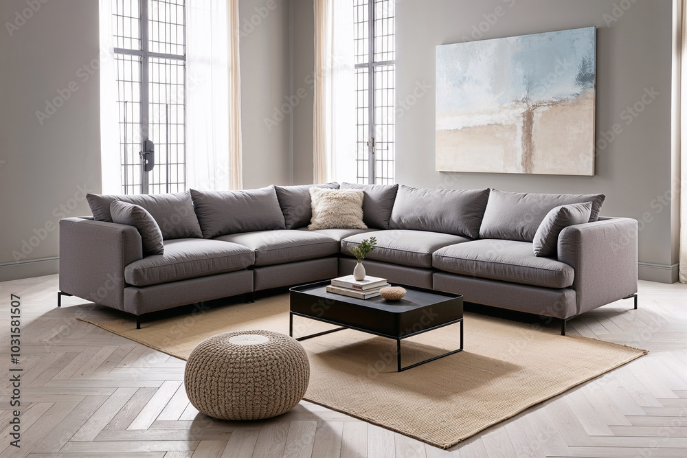 Stylish Minimalist Living Room with Modern Grey Sectional Sofa and Cozy Decor Stylish Minimalist Living Room with Modern Grey Sectional Sofa and Cozy Decor