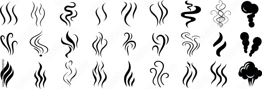 Smoke swirl icons, abstract steam symbols, curvy lines, flowing shapes, and minimalist design for smoke, heat, or vapor. Perfect for logos, patterns, or decorative elements vector silhouette