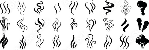 Smoke swirl icons, abstract steam symbols, curvy lines, flowing shapes, and minimalist design for smoke, heat, or vapor. Perfect for logos, patterns, or decorative elements vector silhouette