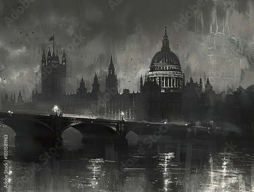 London Cityscape at Night: A Monochromatic View of Iconic Landmarks photo