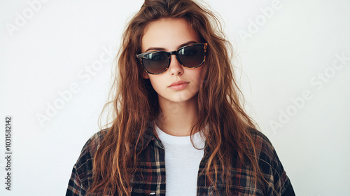 Portrait of a Woman Wearing Sunglasses and a Plaid Shirt