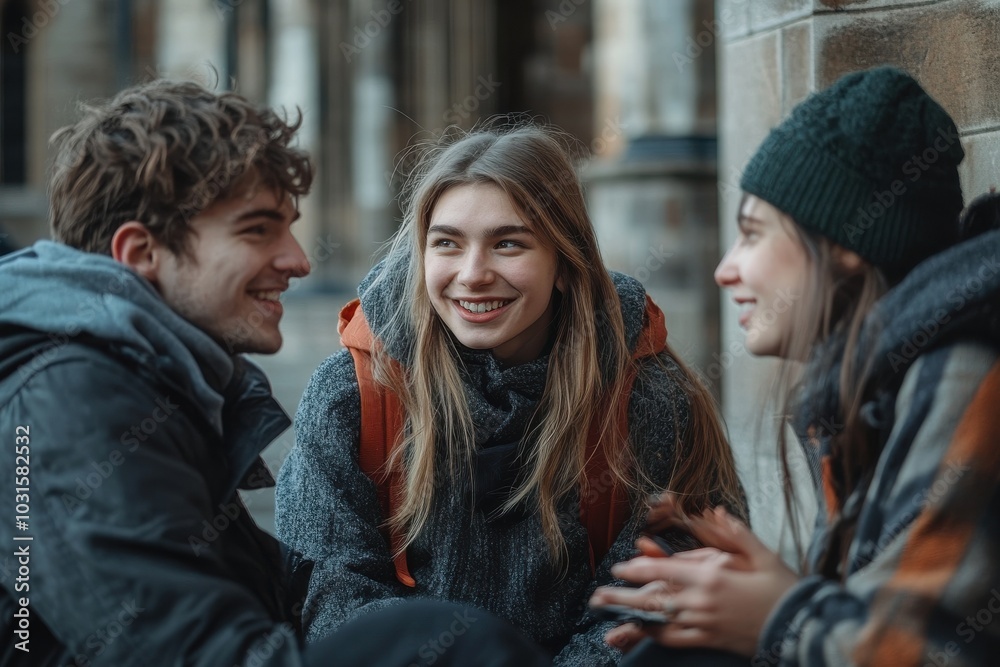 Three people are sitting on the ground, smiling and laughing Three people are sitting on the ground, smiling and laughing