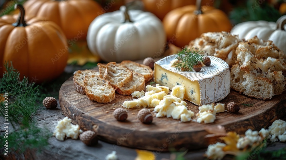 A rustic cheese platter with bread, nuts, and pumpkins for autumn. A rustic cheese platter with bread, nuts, and pumpkins for autumn.
