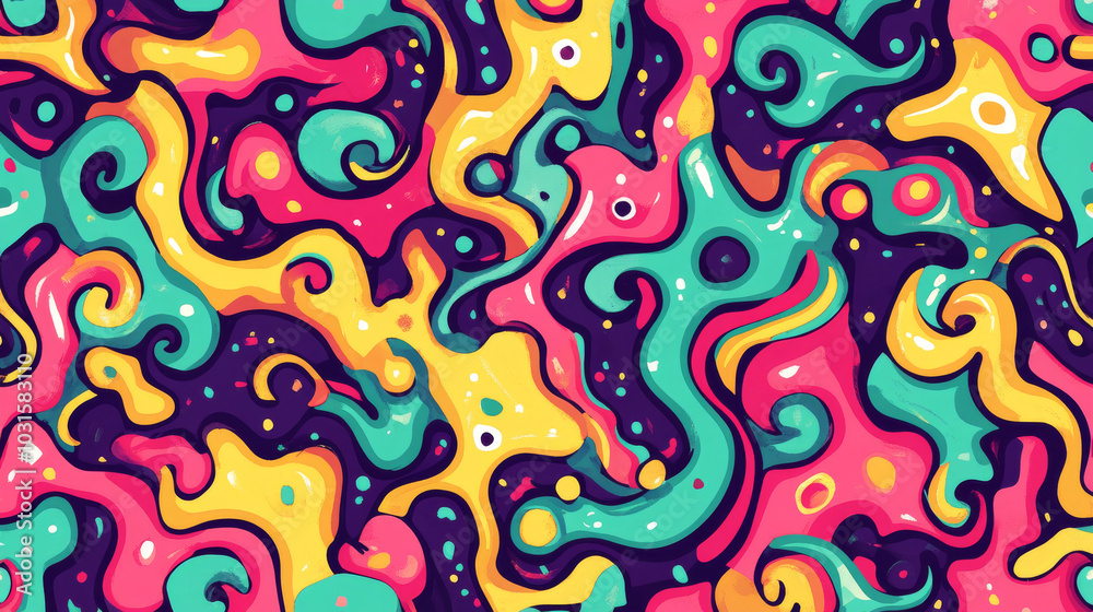 A fun, colorful pattern with swirling shapes. It's like a 90s cartoon, with bright colors and a trippy vibe. The design is perfect for adding a bit of funky energy to any project. A fun, colorful pattern with swirling shapes. It's like a 90s cartoon, with bright colors and a trippy vibe. The design is perfect for adding a bit of funky energy to any project.