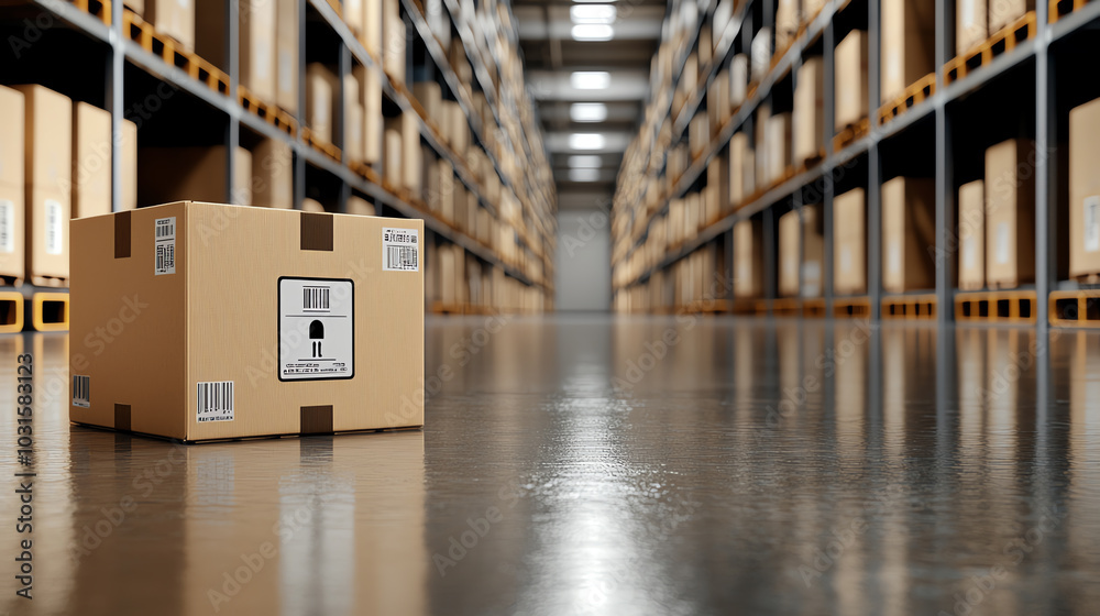 A cardboard box in a large warehouse with neatly stacked shelves in the background.