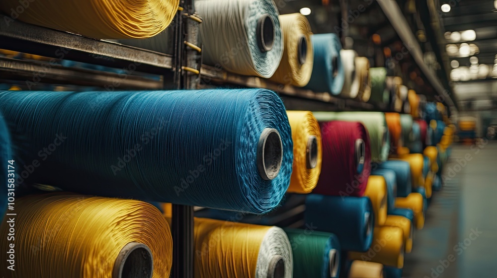 A variety of colorful yarn spools are stacked. This image is ideal for illustrating textile manufacturing or the production of yarn for clothing. A variety of colorful yarn spools are stacked. This image is ideal for illustrating textile manufacturing or the production of yarn for clothing.