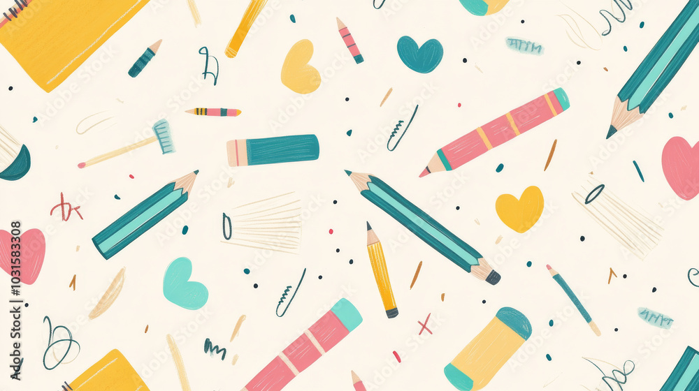 A fun pattern with school supplies like pencils, erasers, and notebooks. Perfect for back-to-school decorations! A fun pattern with school supplies like pencils, erasers, and notebooks. Perfect for back-to-school decorations!