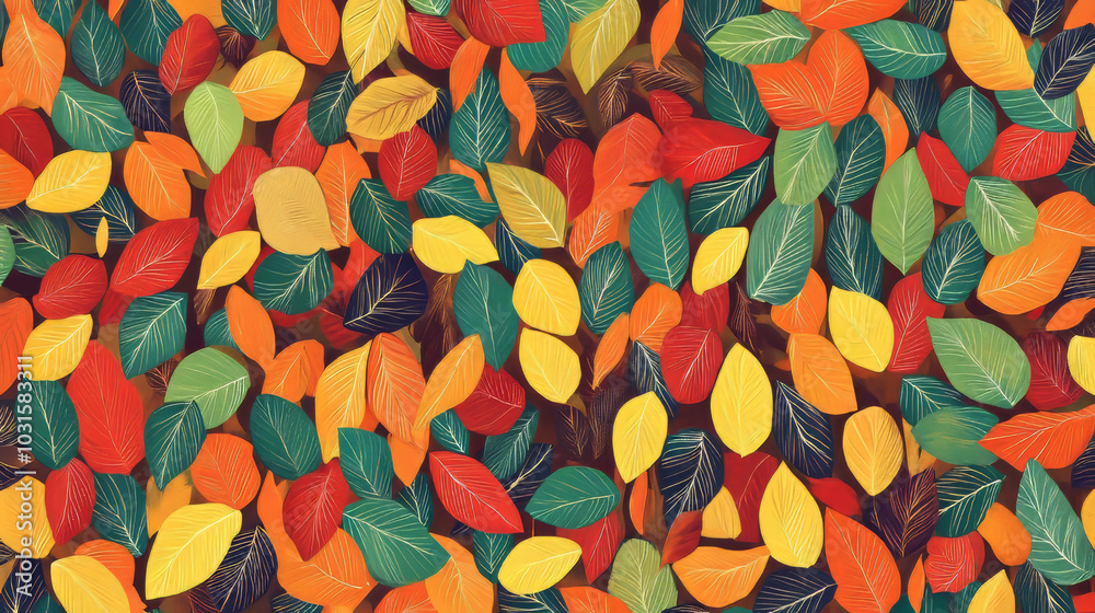 A repeating pattern of colorful cartoon leaves, perfect for fabric or wallpaper. The design has a rustic feel and is set against a simple background. A repeating pattern of colorful cartoon leaves, perfect for fabric or wallpaper. The design has a rustic feel and is set against a simple background.