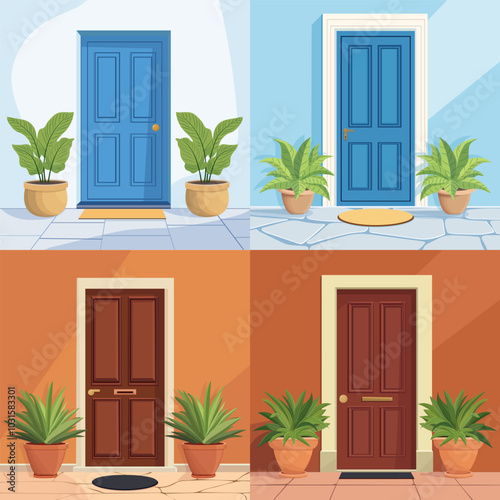 Front door with two pots with plants. Cartoon house illustration