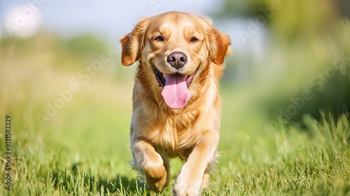 A golden retriever happily runs through green grass, showcasing its playful nature and vibrant energy on a sunny day.