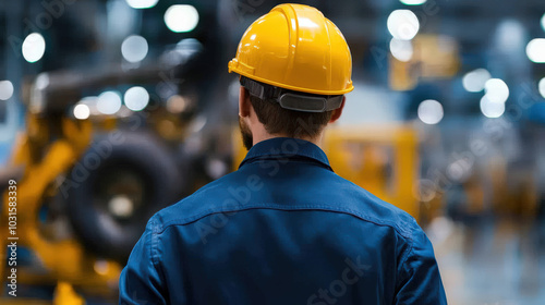 worker in yellow hard hat observes production line in factory, showcasing focus on safety and efficiency in industrial environment