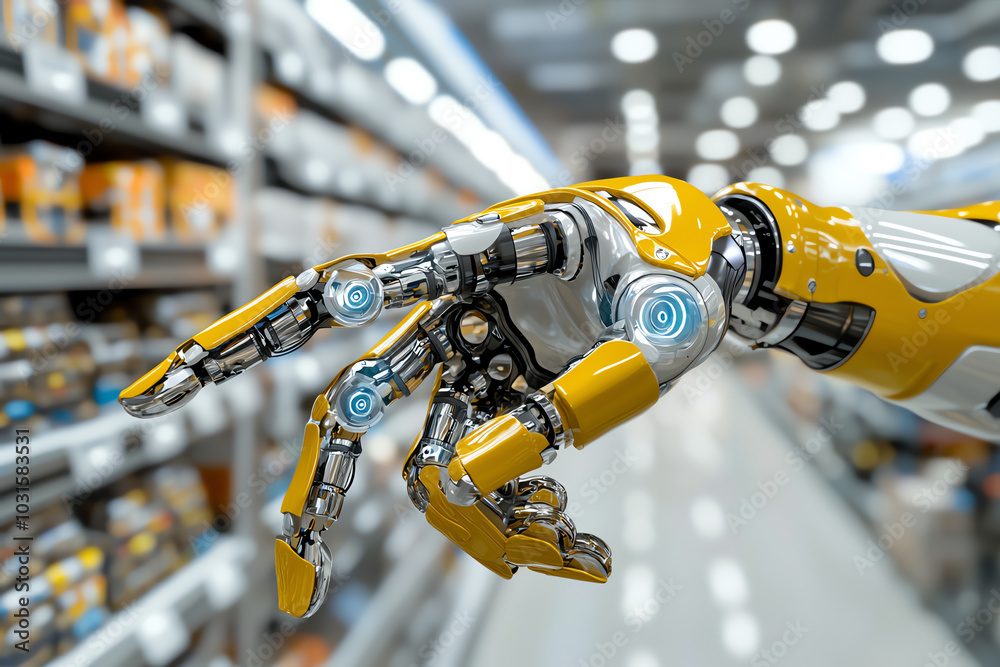 Close-up of a robotic hand with yellow accents in a modern warehouse environment. Close-up of a robotic hand with yellow accents in a modern warehouse environment.