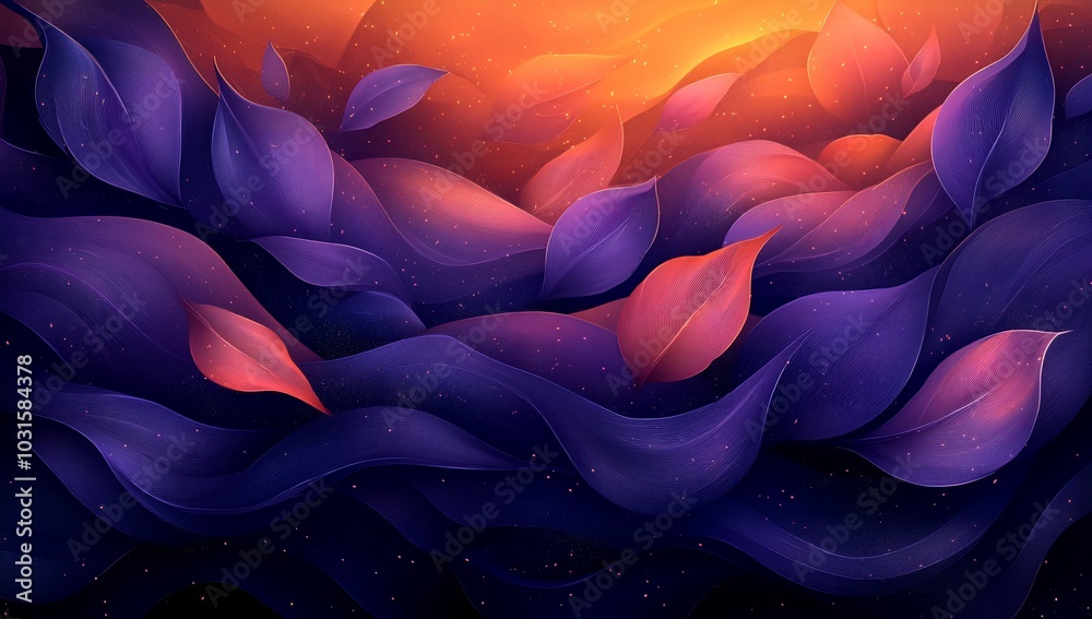 A vibrant abstract illustration of flowing leaves in shades of purple and orange. A vibrant abstract illustration of flowing leaves in shades of purple and orange.