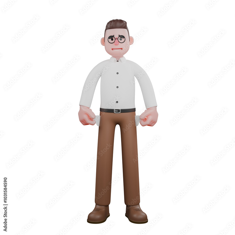 Professional Male Sociologist in 3D Animation. A male sociologist stands with both hands showing the contents of his pants pockets with a sad expression. Societal Professional Male Sociologist in 3D Animation. A male sociologist stands with both hands showing the contents of his pants pockets with a sad expression. Societal