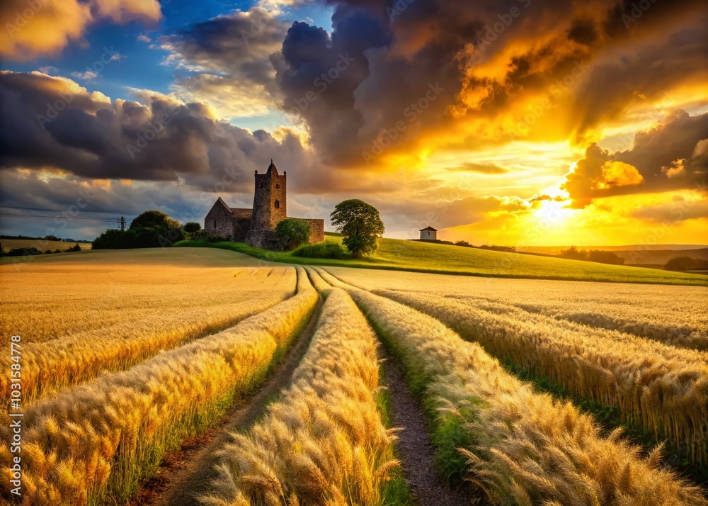 Fototapeta premium Scenic Tracks in Cereal Fields Leading to Historic Ballinafagh Church Ruins at Sunset in County Kildare, Ireland