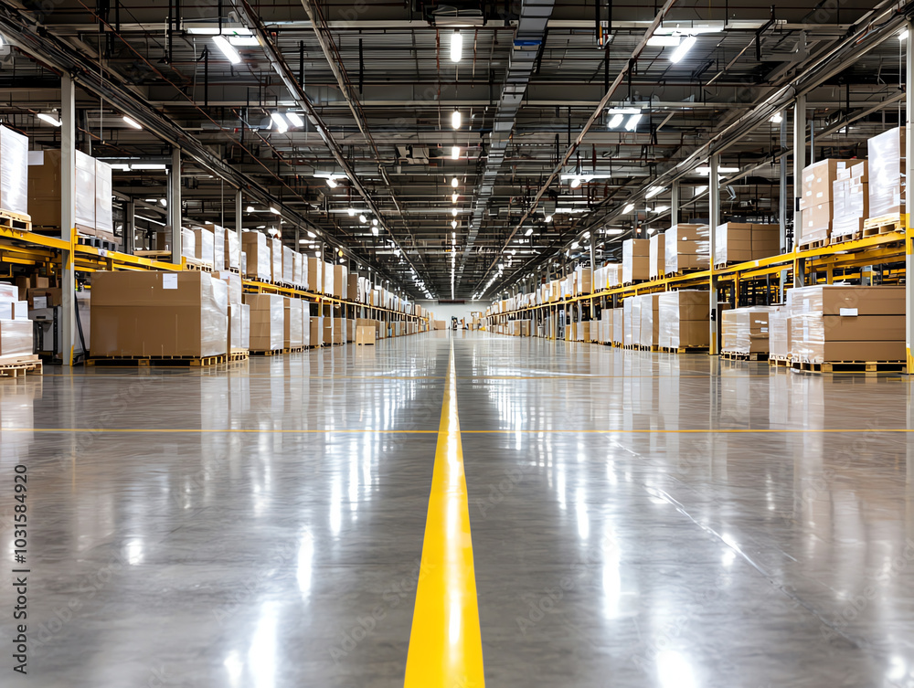 Spacious warehouse interior with neatly stacked boxes and yellow floor line. Spacious warehouse interior with neatly stacked boxes and yellow floor line.