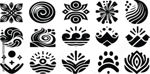 Print  Waves Design Shapes Collection Isolated on White Background - Set of 15  Illustrations, Vector