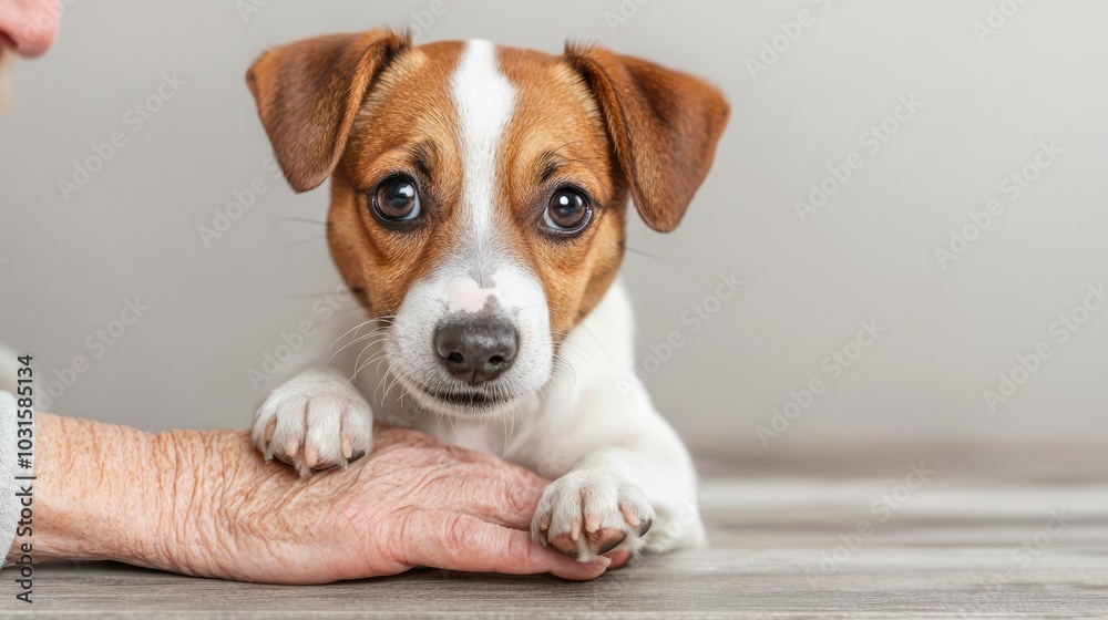 A cute puppy with brown and white fur rests its paws on a person's hand, looking curiously at the camera. A cute puppy with brown and white fur rests its paws on a person's hand, looking curiously at the camera.