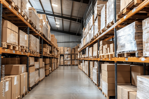 Warehouse interior with stacked boxes on shelves, organized and ready for shipping.