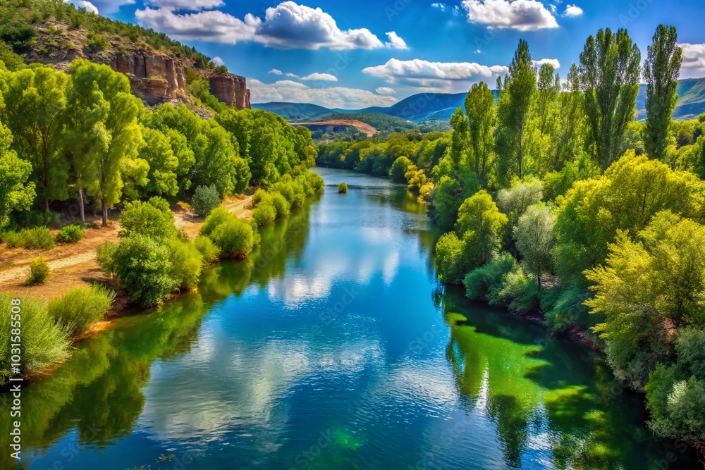 Scenic View of the Ebro River in Spain with Lush Forest and Reflective Waters
