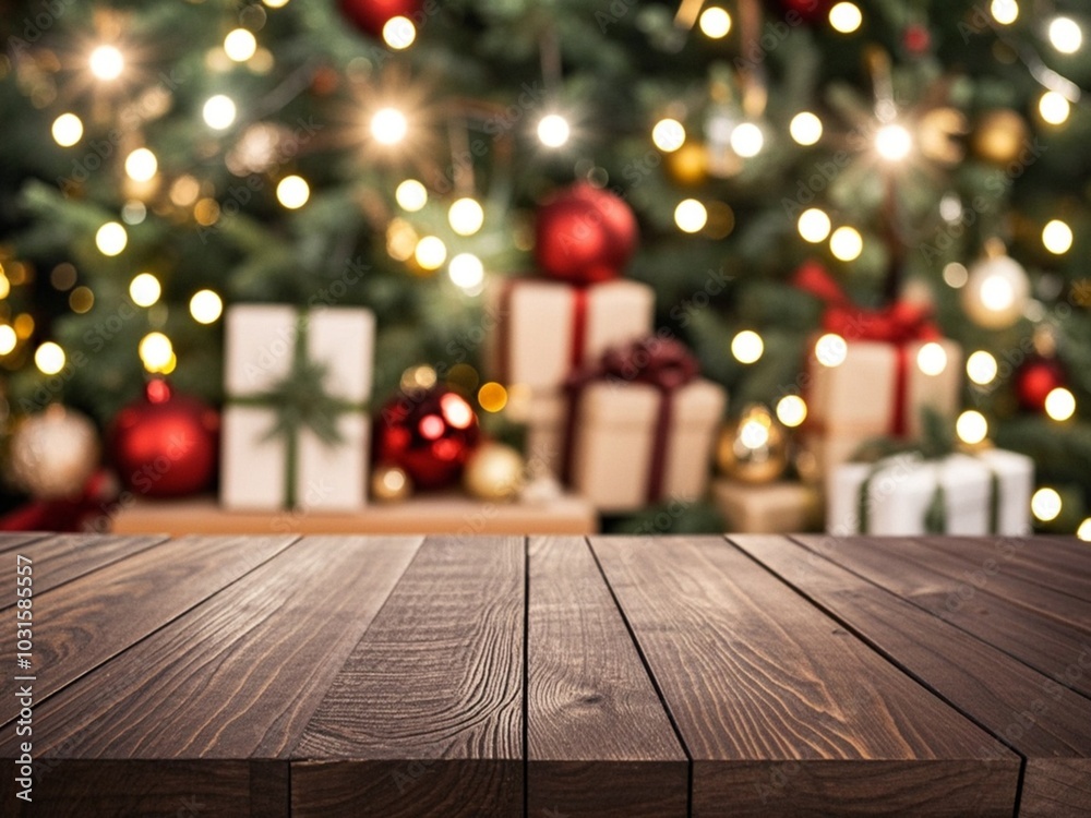 dark brown The empty wooden table top with blur background of Christmas