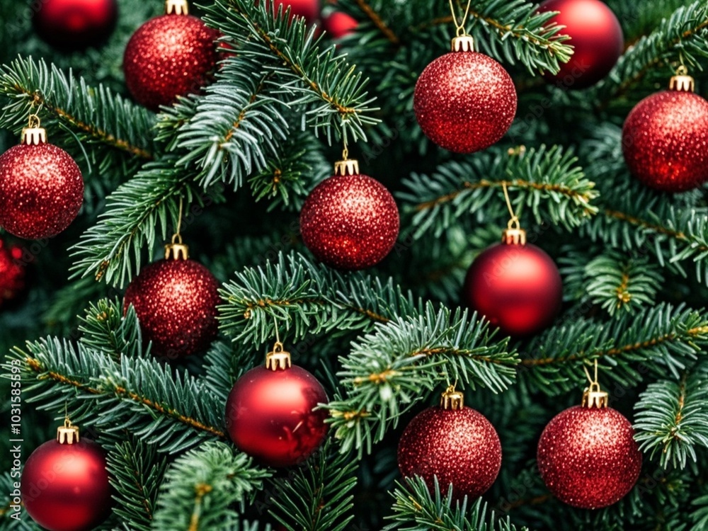 Beautiful festive decorations on the Christmas tree. Close-up. Beautiful Christmas background. The concept of decorations and decor for the new year. New Year's Card 2025