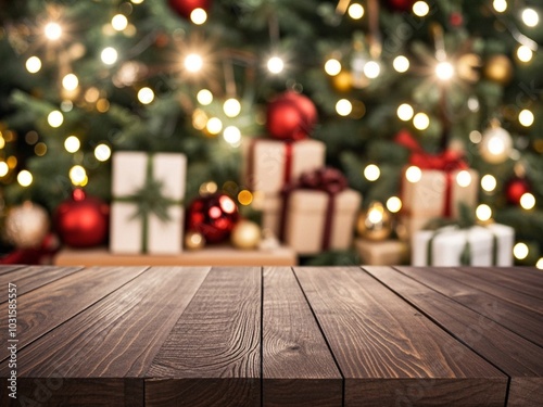 Obraz na płótnie dark brown The empty wooden table top with blur background of Christmas w salonie