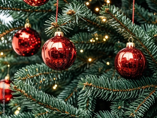 Beautiful festive decorations on the Christmas tree. Close-up. Beautiful Christmas background. The concept of decorations and decor for the new year. New Year's Card 2025