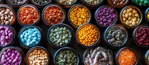 Colorful pills in containers on a wooden surface.