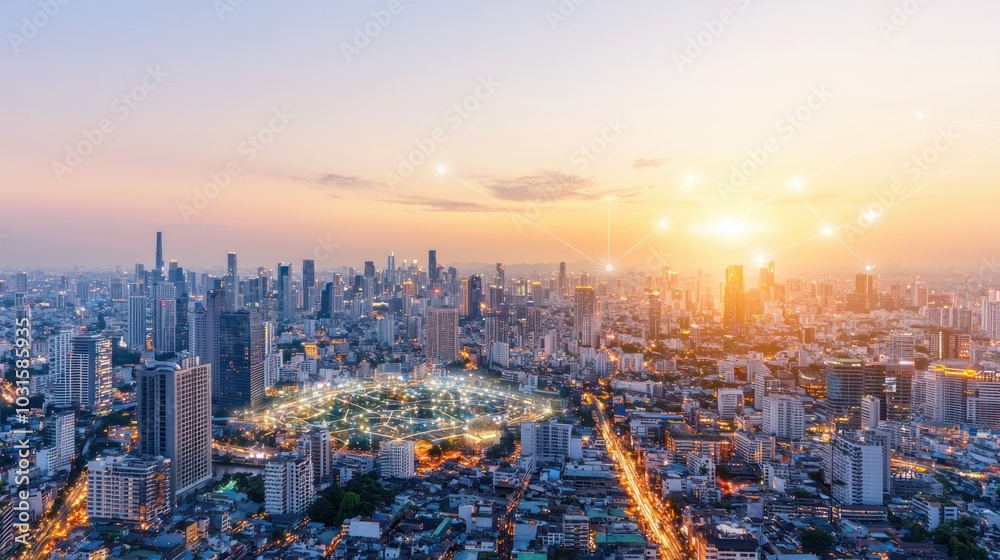 Obraz premium Breathtaking city skyline during sunset, showcasing skyscrapers and vibrant lights creating a stunning urban landscape.