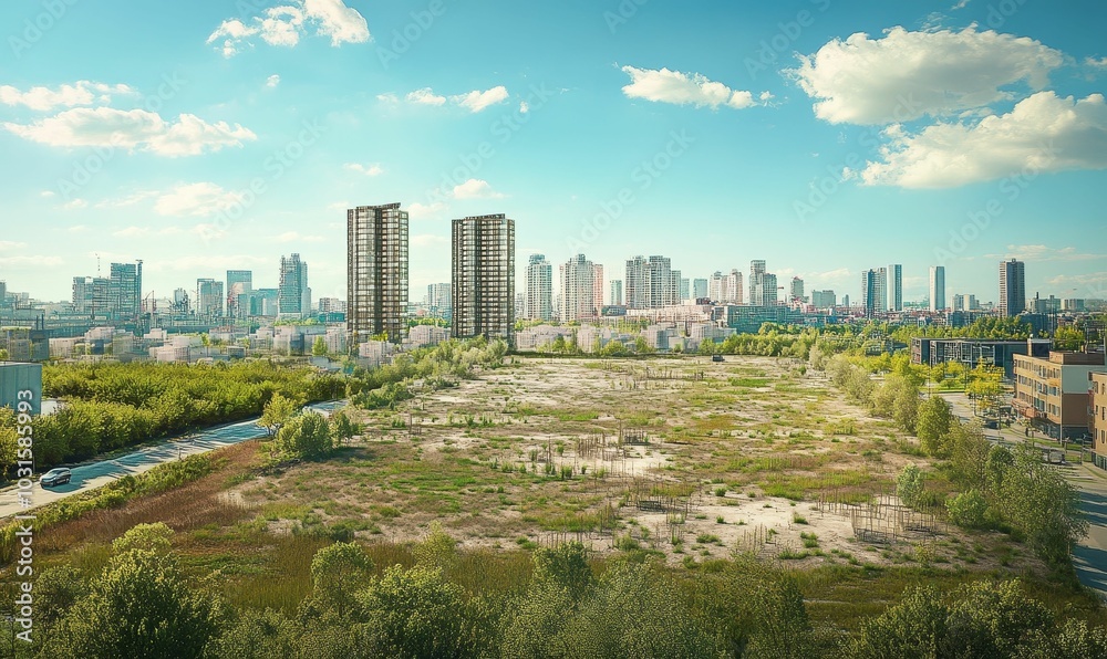 Cityscape with a vacant lot and greenery. Cityscape with a vacant lot and greenery.