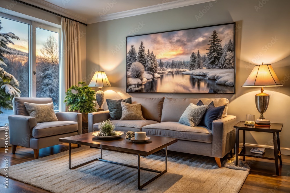 Elegant Living Room with Framed Winter Landscape Print - Cozy Home Decor, Interior Design, Modern Aesthetics, Candid Photography, Warm Ambiance, Stylish Furniture, Inviting Atmosphere Elegant Living Room with Framed Winter Landscape Print - Cozy Home Decor, Interior Design, Modern Aesthetics, Candid Photography, Warm Ambiance, Stylish Furniture, Inviting Atmosphere